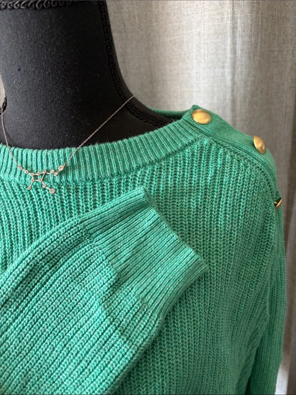 J. Crew Emerald Green Crewneck Sweater with Gold Shoulder Buttons